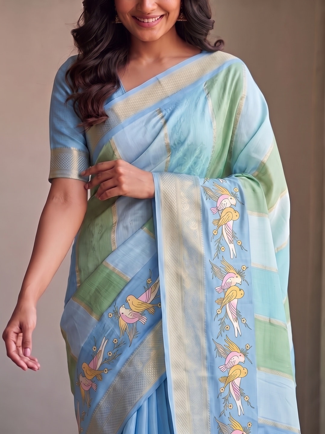 Peachmode Powder Blue Marshmallow Self Jacquard Weaving Saree With Fancy Foil Print Bird And Floral Design - Image 5
