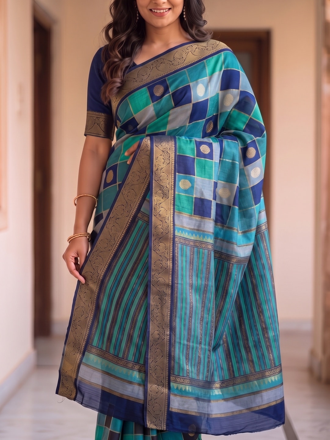 Peachmode Teal Marshmallow Self Jacquard Weaving Saree With Fancy Foil Print Multicolour Check Design - Image 5