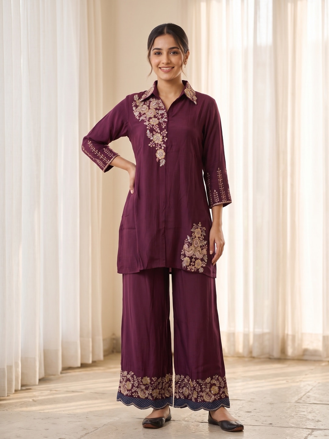 Peachmode Wine Chinon Floral Embroidered Kurti with Palazzo Co-ord Set - Image 1