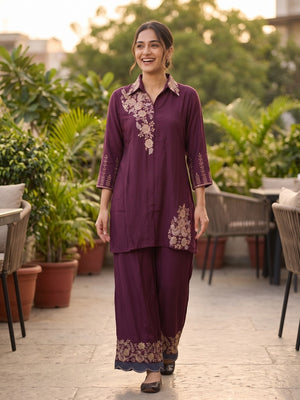 Peachmode Wine Chinon Floral Embroidered Kurti with Palazzo Co-ord Set - Image 2