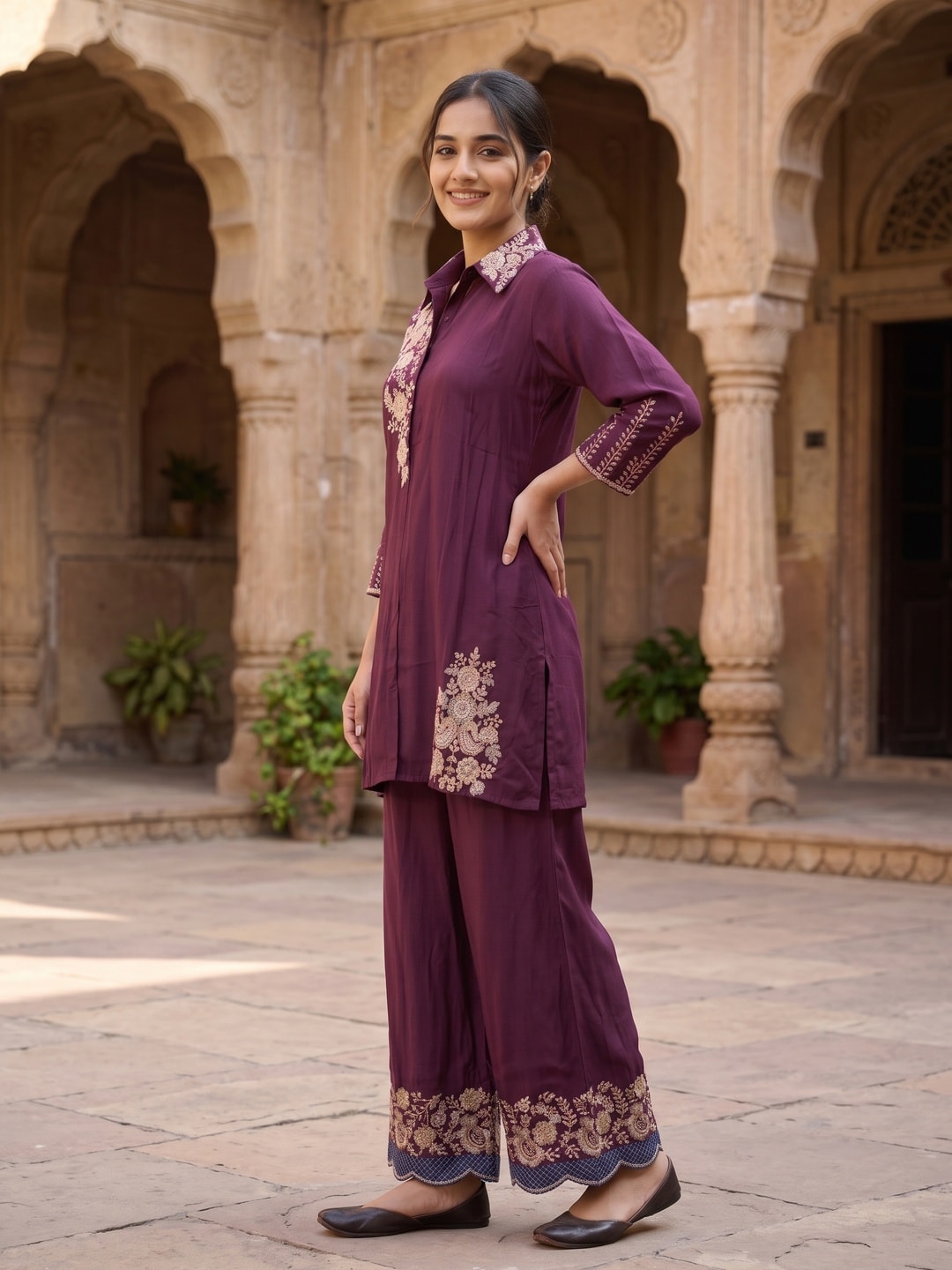 Peachmode Wine Chinon Floral Embroidered Kurti with Palazzo Co-ord Set - Image 3