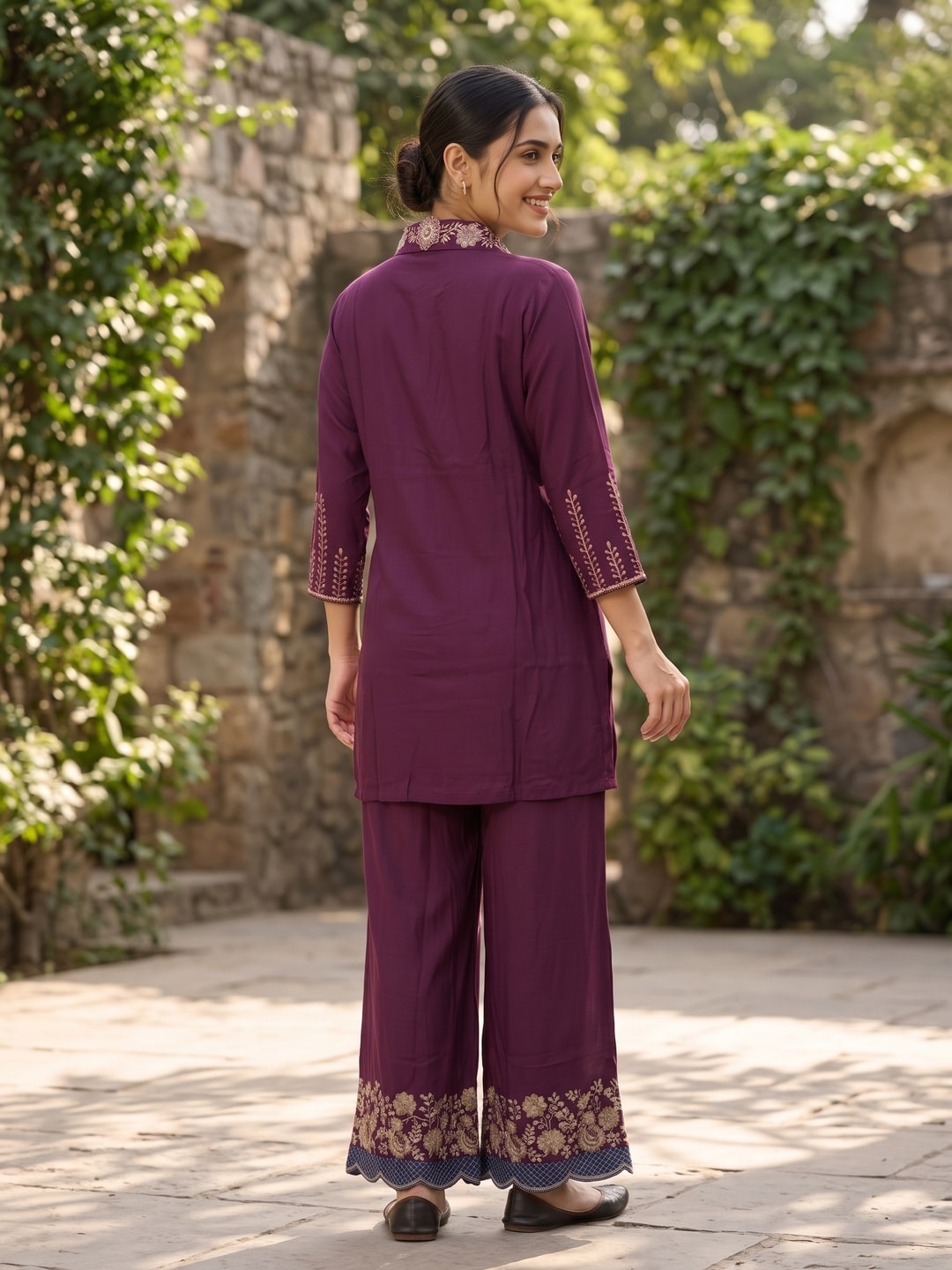 Peachmode Wine Chinon Floral Embroidered Kurti with Palazzo Co-ord Set - Image 4