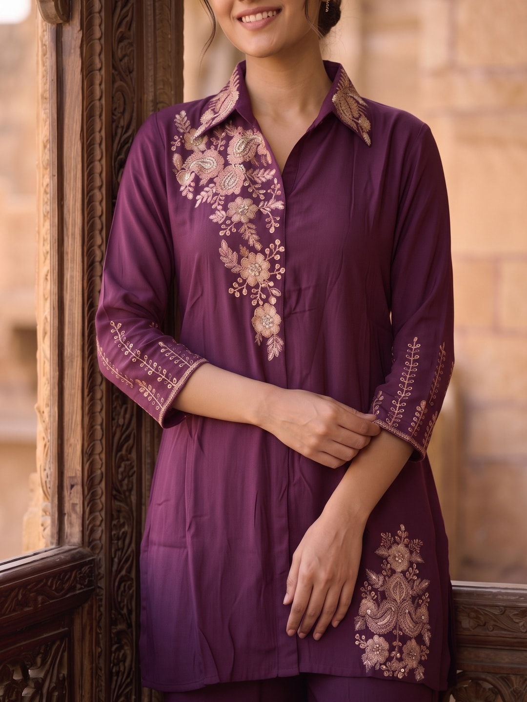 Peachmode Wine Chinon Floral Embroidered Kurti with Palazzo Co-ord Set - Image 5