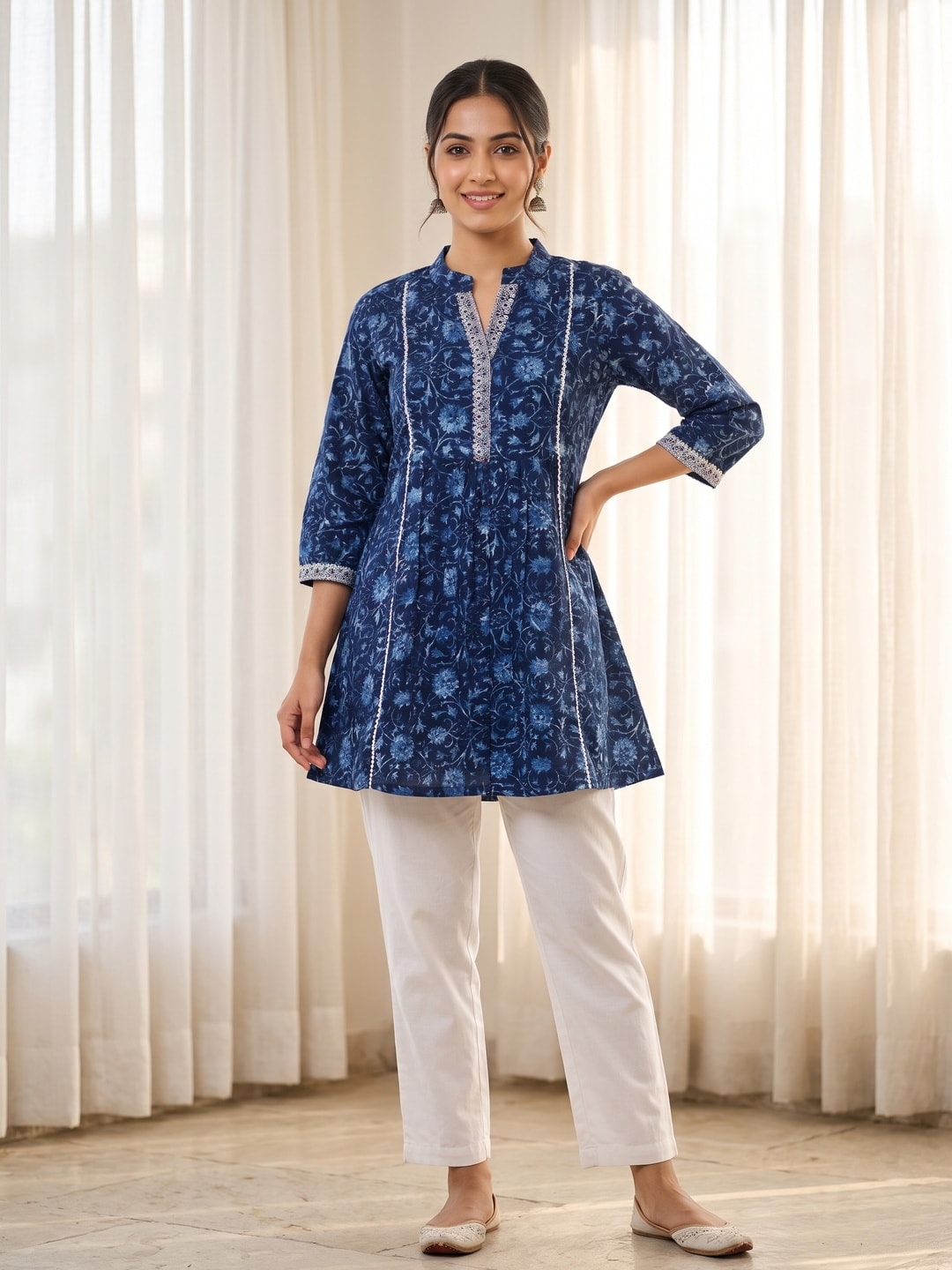 Peachmode Navy Blue Pure Cotton Floral Printed Short Kurti with Lace - Image 1