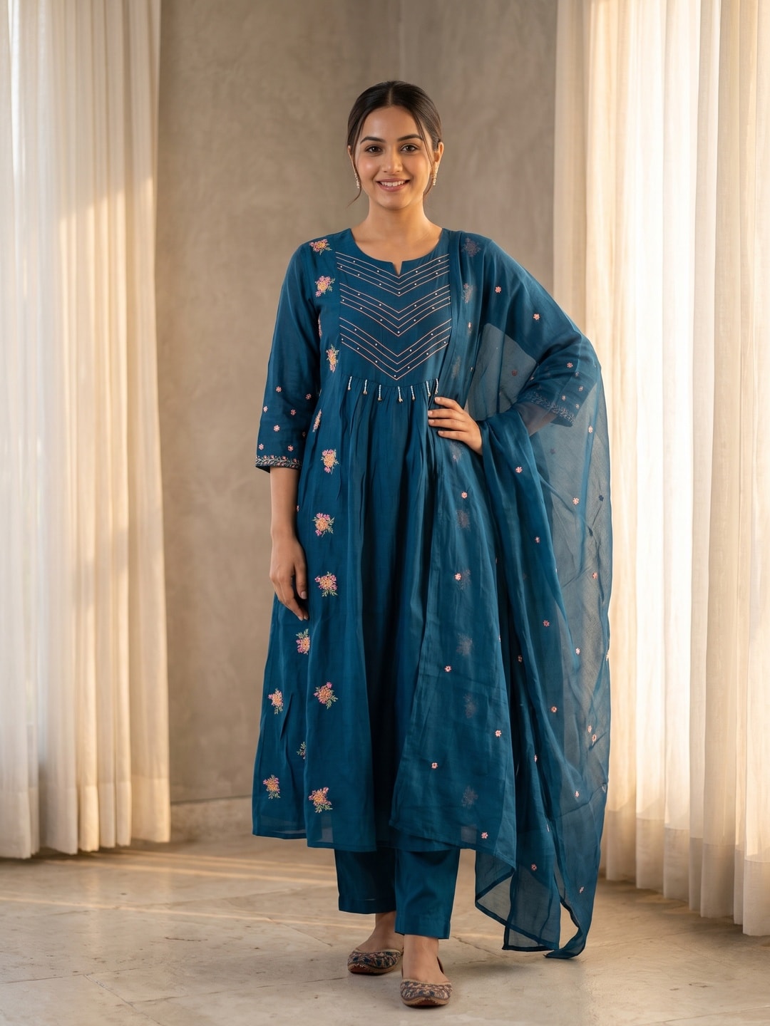 Peachmode Peacock Blue Mul Chanderi Floral Embroidered Salwar Suit with Dupatta - Image 1