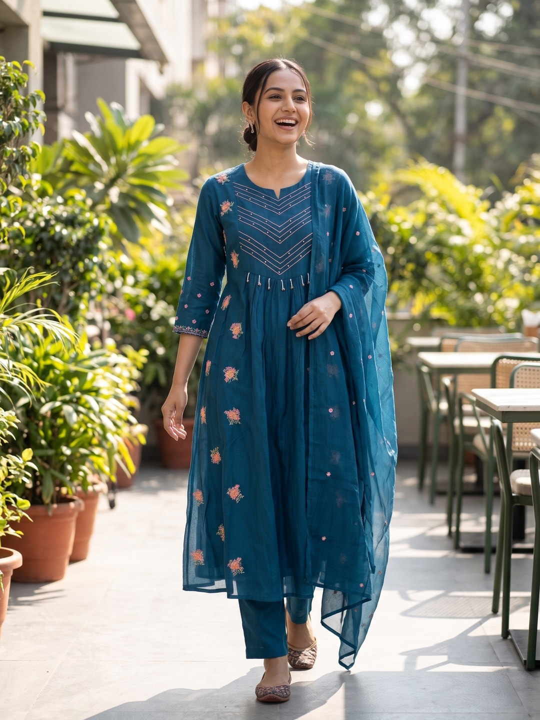 Peachmode Peacock Blue Mul Chanderi Floral Embroidered Salwar Suit with Dupatta - Image 2