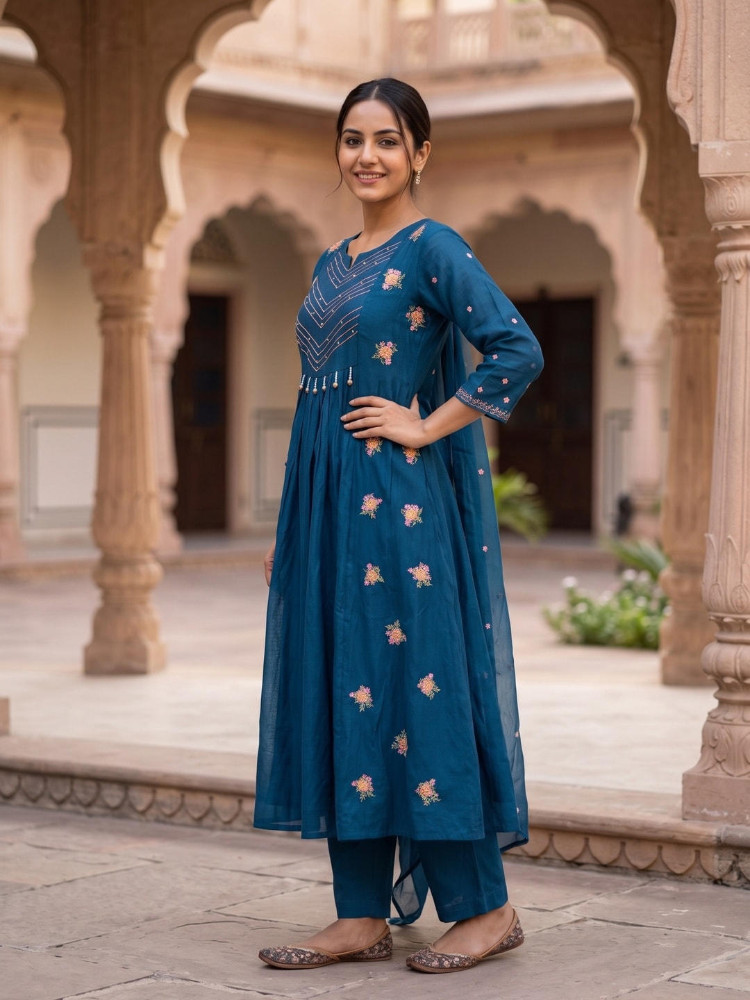 Peachmode Peacock Blue Mul Chanderi Floral Embroidered Salwar Suit with Dupatta - Image 3