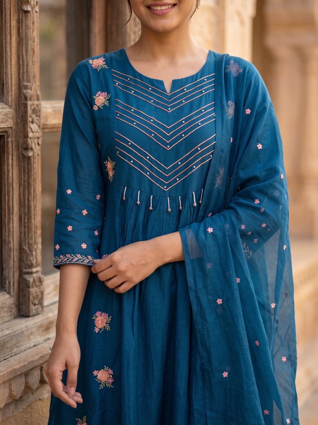 Peachmode Peacock Blue Mul Chanderi Floral Embroidered Salwar Suit with Dupatta - Image 5