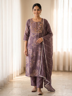 Peachmode Dusty Mauve Viscose Blend Printed Salwar Suit with Dupatta - Image 1