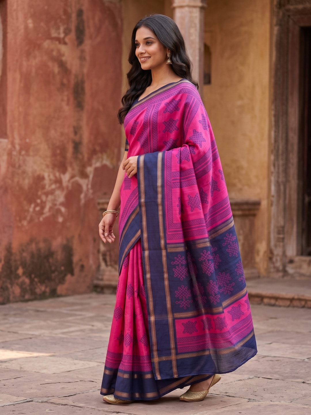 Peachmode Pink Tussar Silk Saree With Kashmiri Kolam Print, Rich Pallu And Contrast Gadwal Border - Image 3