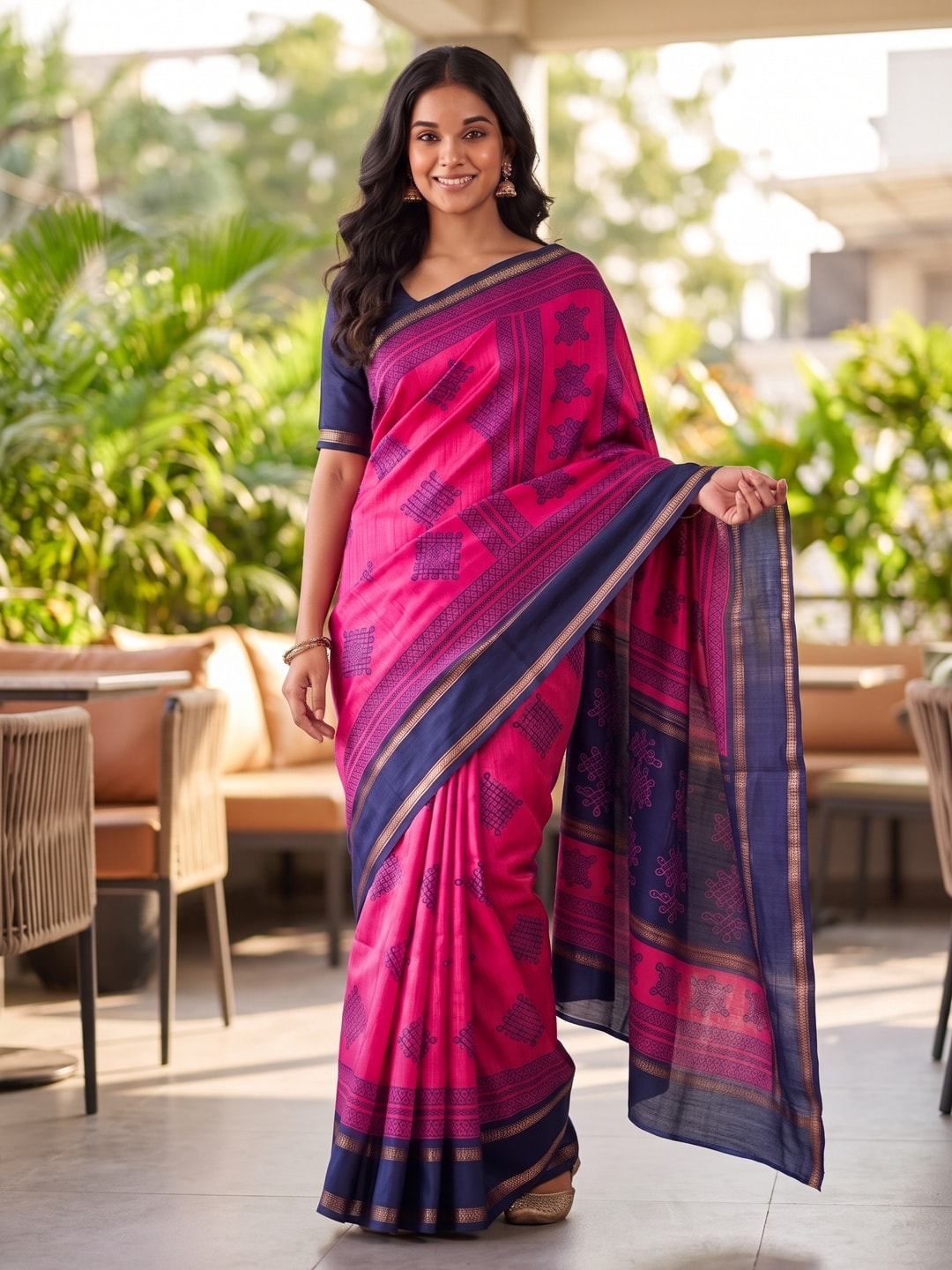 Peachmode Pink Tussar Silk Saree With Kashmiri Kolam Print, Rich Pallu And Contrast Gadwal Border - Image 4