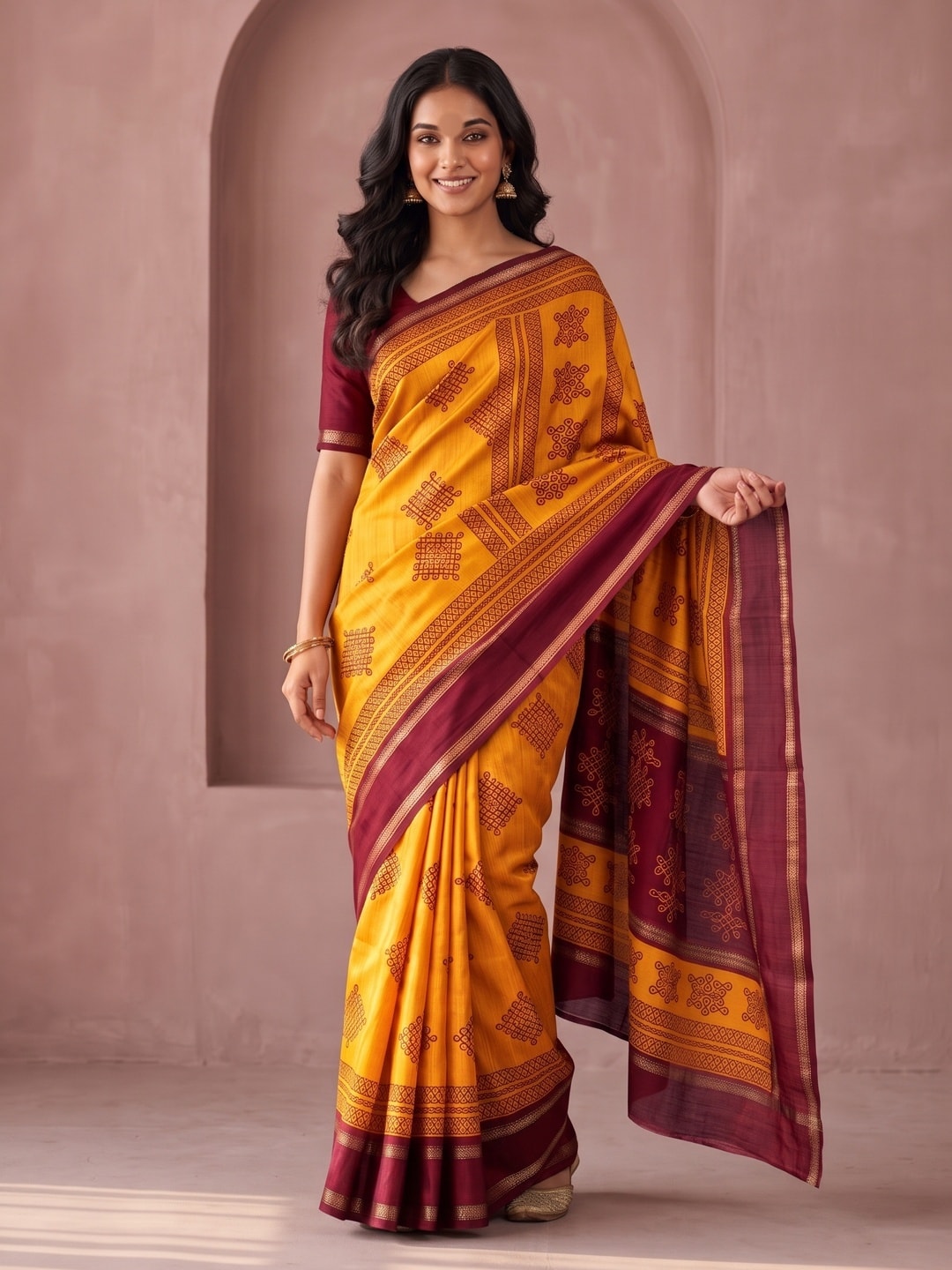 Peachmode Mustard Tussar Silk Saree With Kashmiri Kolam Print, Rich Pallu And Contrast Gadwal Border - Image 1