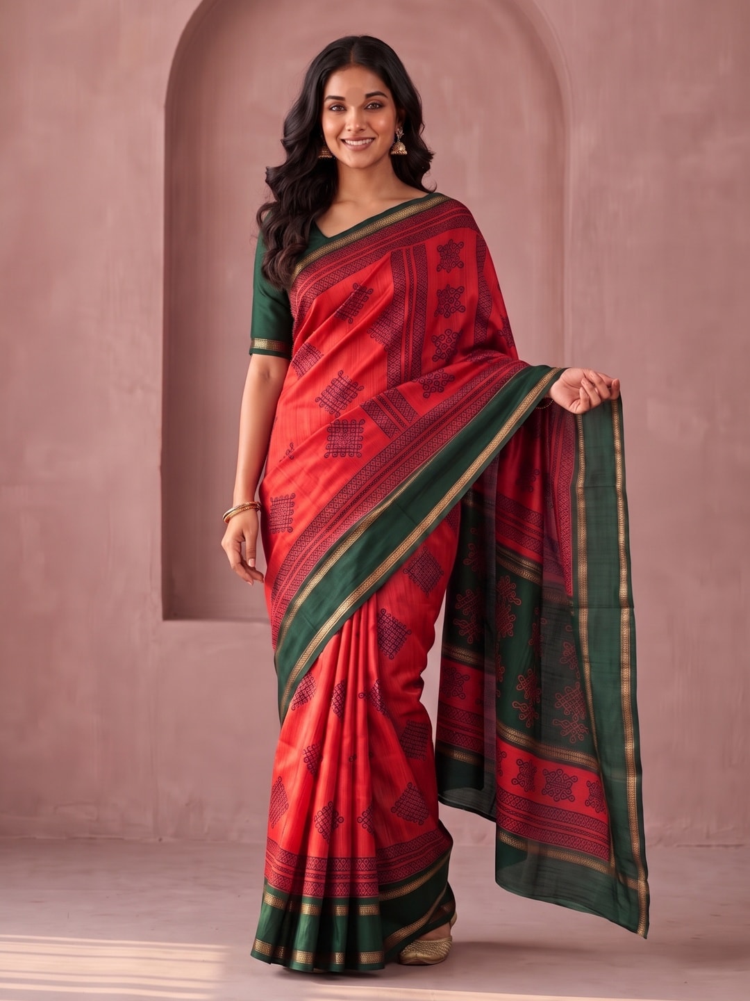 Peachmode Red Tussar Silk Saree With Kashmiri Kolam Print, Rich Pallu And Contrast Gadwal Border - Image 1