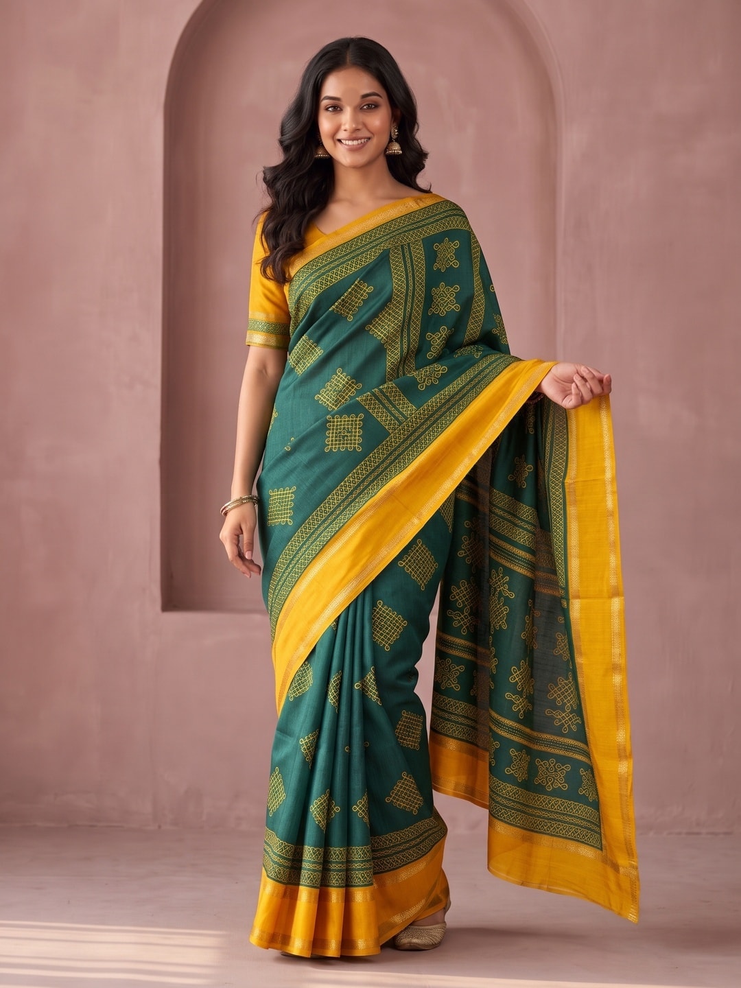 Peachmode Green Tussar Silk Saree With Kashmiri Kolam Print, Rich Pallu And Contrast Gadwal Border - Image 1