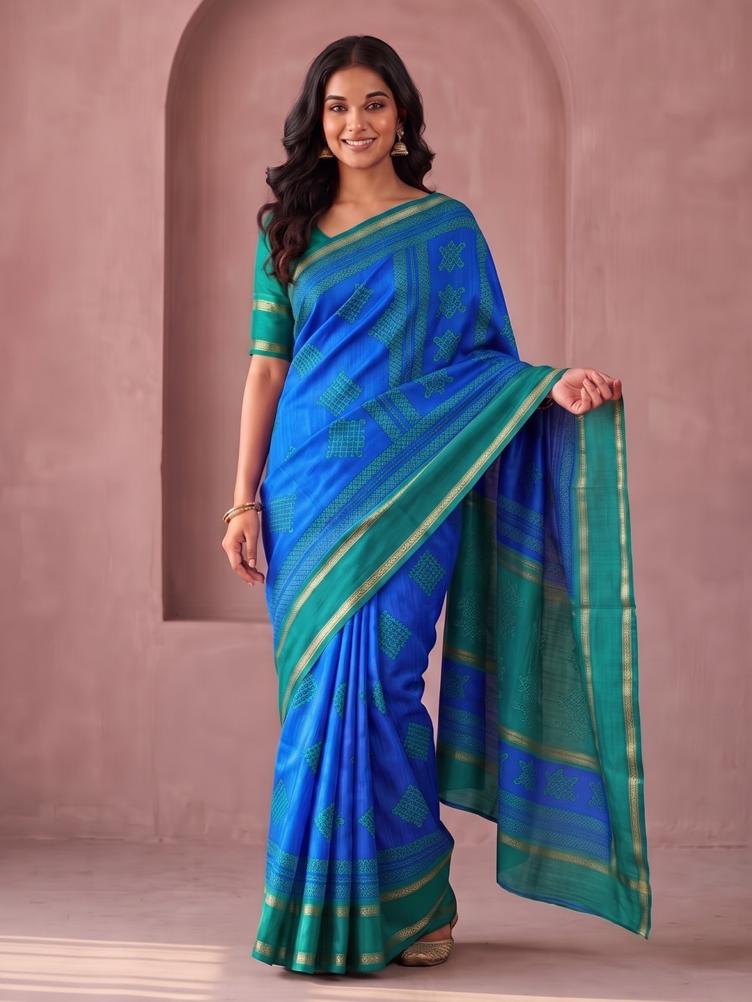 Peachmode Blue Tussar Silk Saree With Kashmiri Kolam Print, Rich Pallu And Contrast Gadwal Border - Image 1