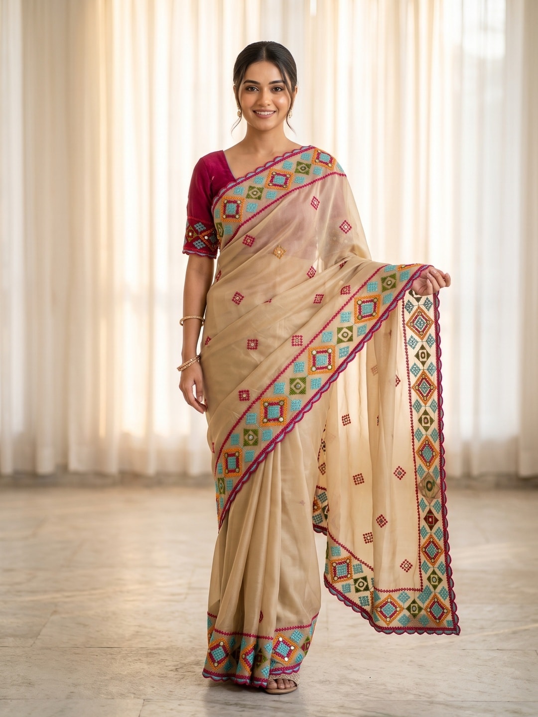 Peachmode Beige Georgette Saree With Allover Embroidery, Diamond Work And Scalloped Heavy Embroidered Border - Image 1