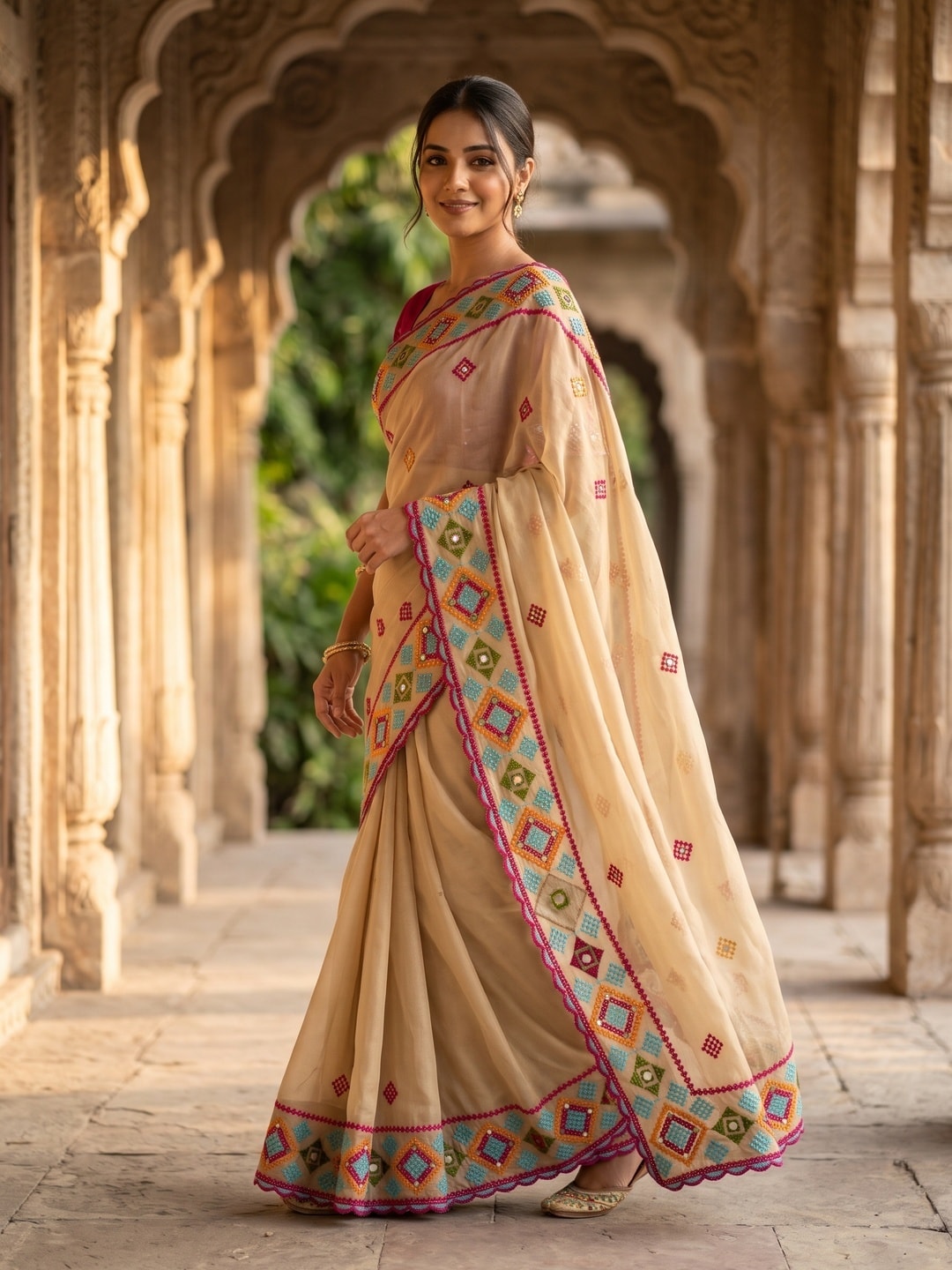 Peachmode Beige Georgette Saree With Allover Embroidery, Diamond Work And Scalloped Heavy Embroidered Border - Image 3
