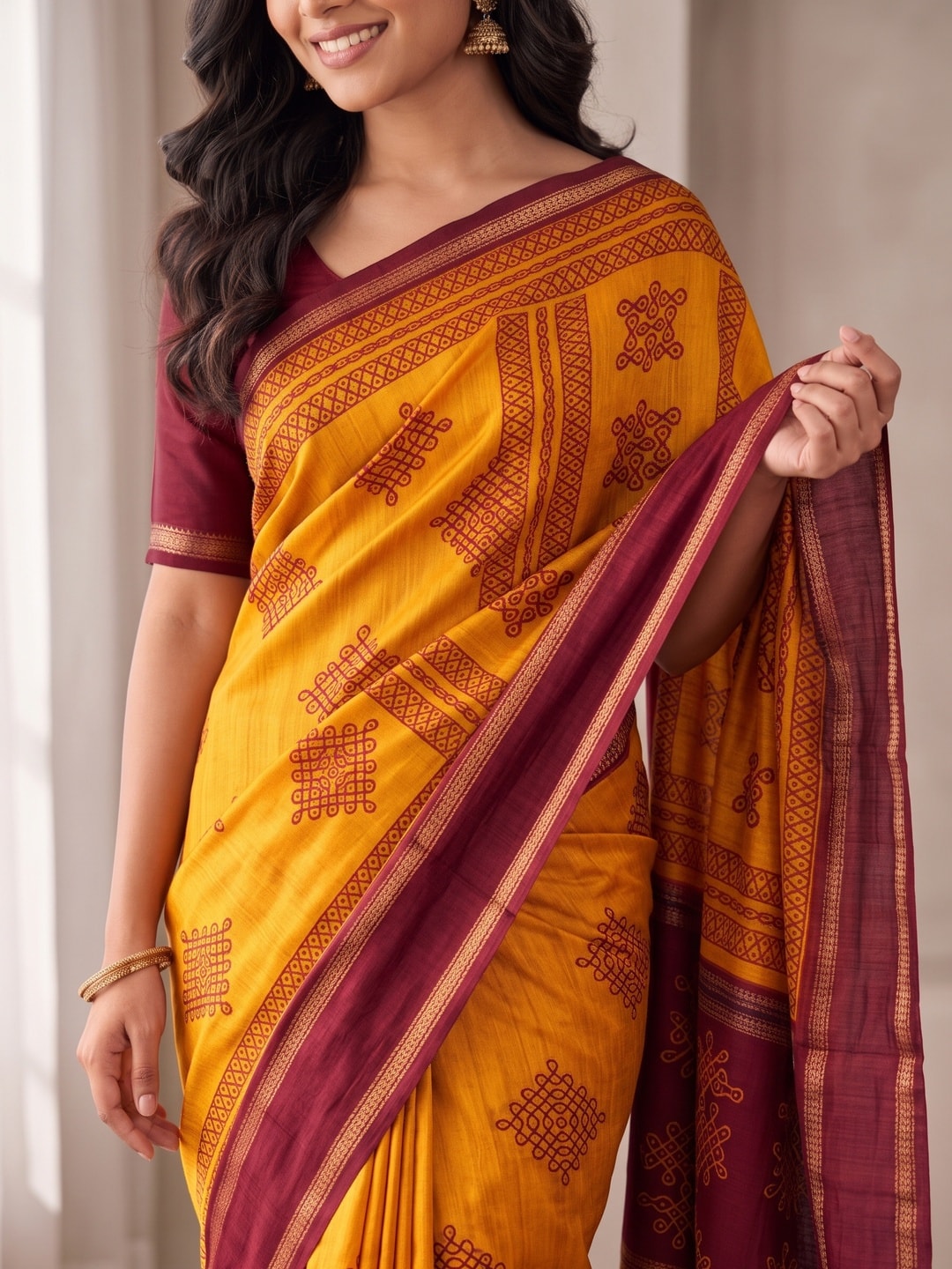 Peachmode Mustard Tussar Silk Saree With Kashmiri Kolam Print, Rich Pallu And Contrast Gadwal Border - Image 5