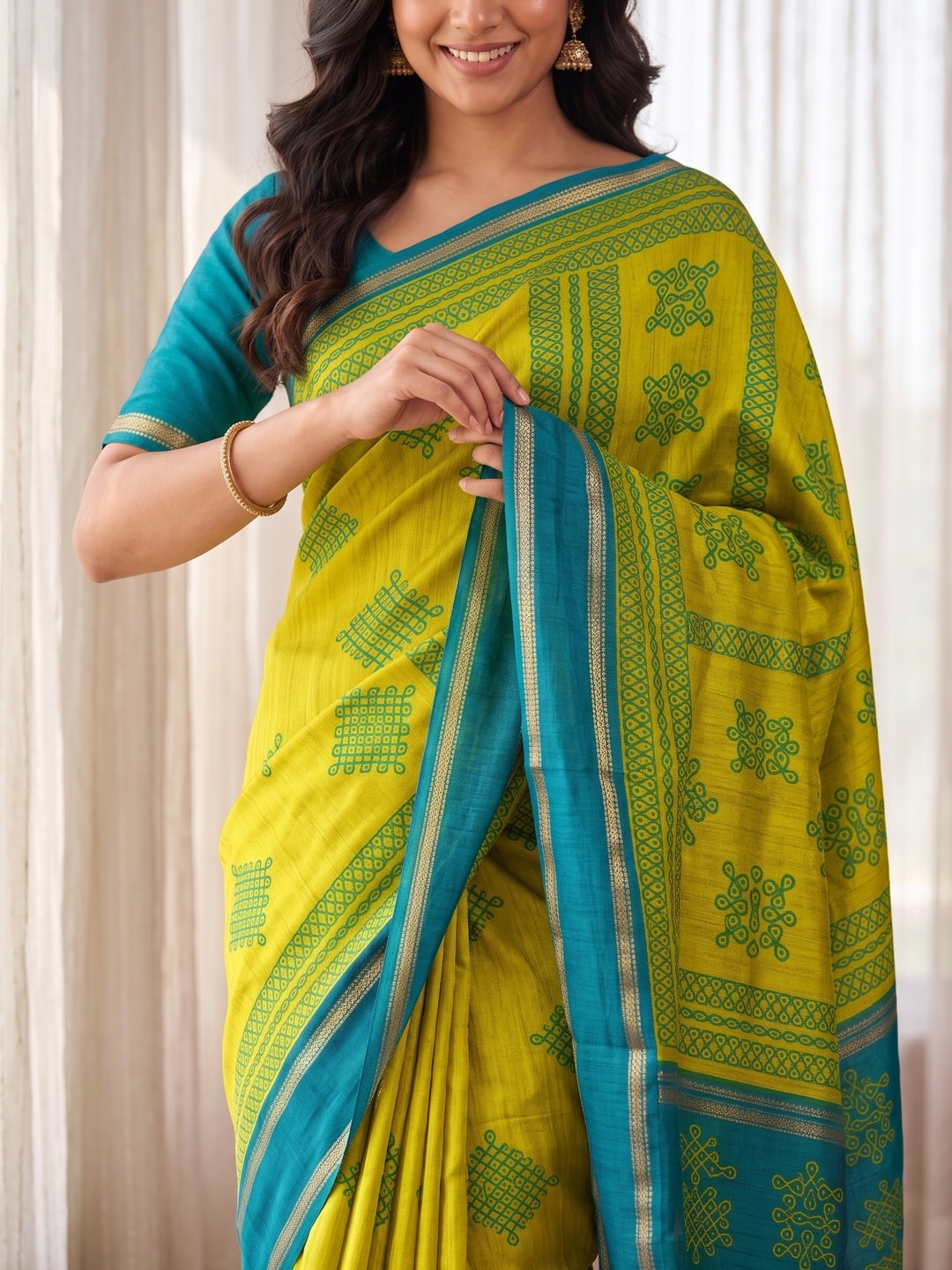 Peachmode Lime Green Tussar Silk Saree With Kashmiri Kolam Print, Rich Pallu And Contrast Gadwal Border - Image 5