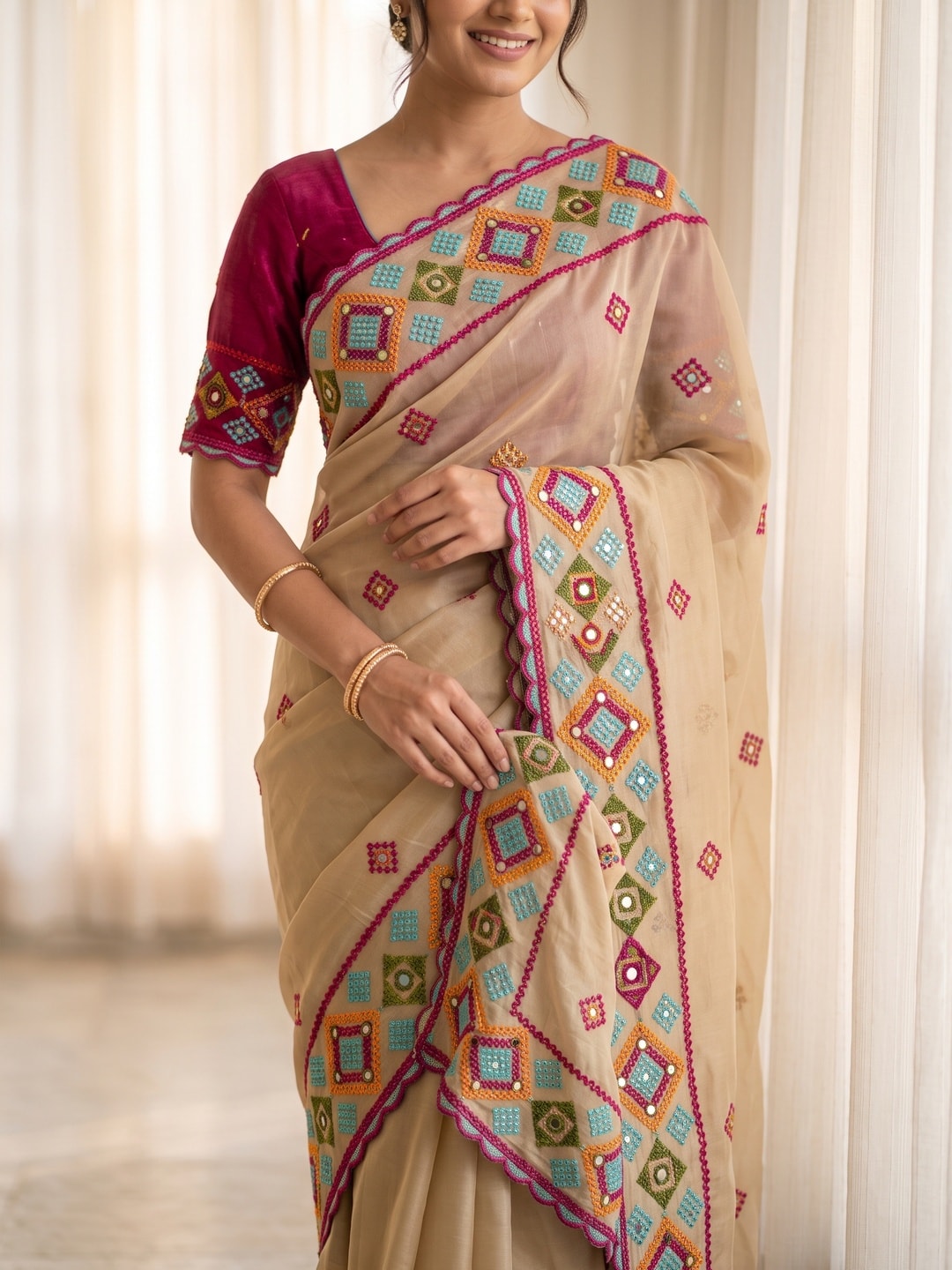 Peachmode Beige Georgette Saree With Allover Embroidery, Diamond Work And Scalloped Heavy Embroidered Border - Image 5