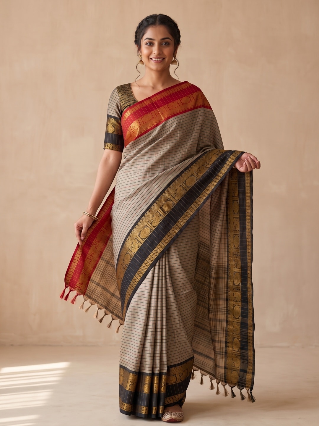 Peachmode Beige Soft Silk Saree With Allover Jacquard Check Work, Rich Pallu And Contrast Temple Border - Image 1