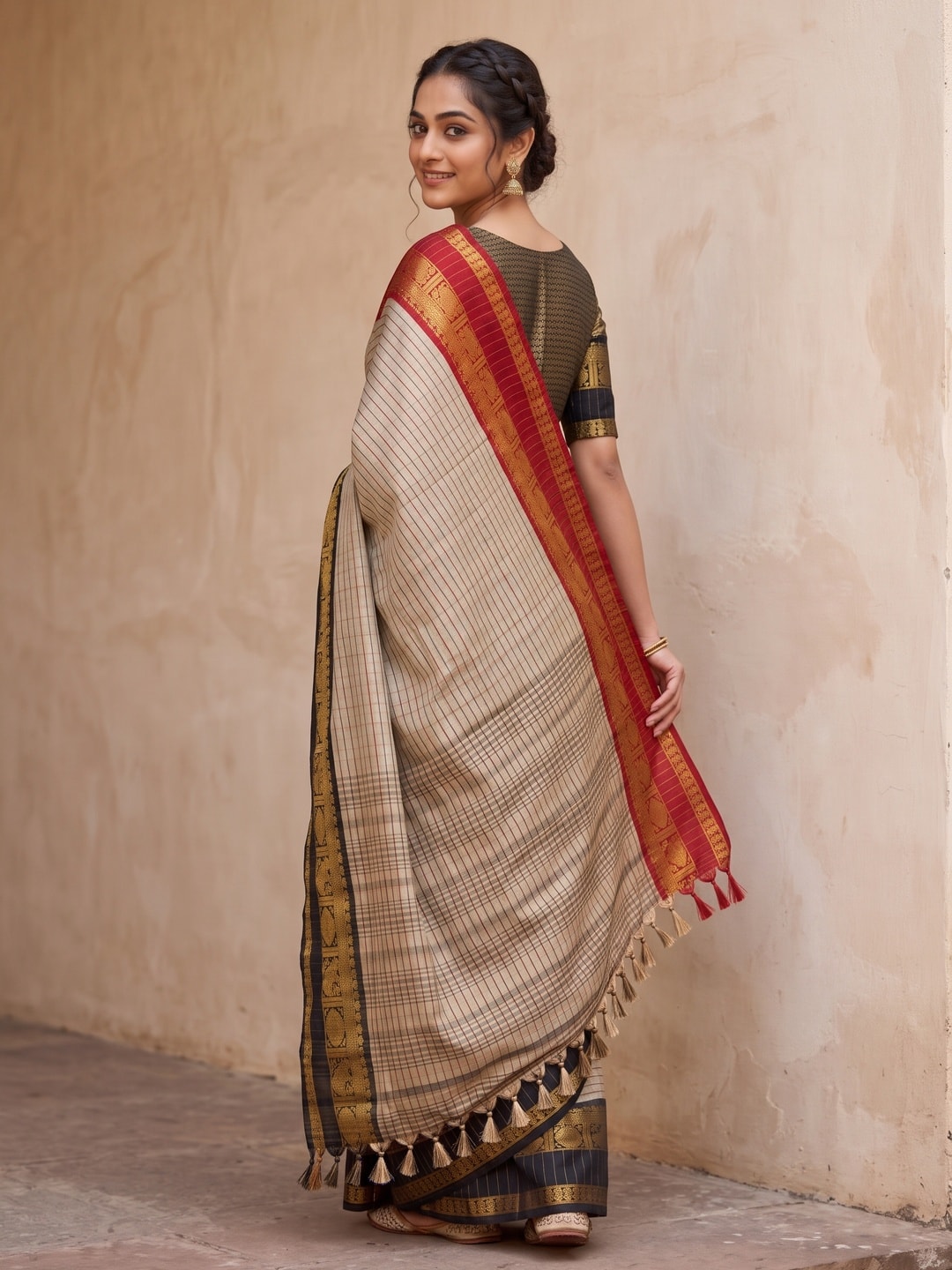 Peachmode Beige Soft Silk Saree With Allover Jacquard Check Work, Rich Pallu And Contrast Temple Border - Image 2