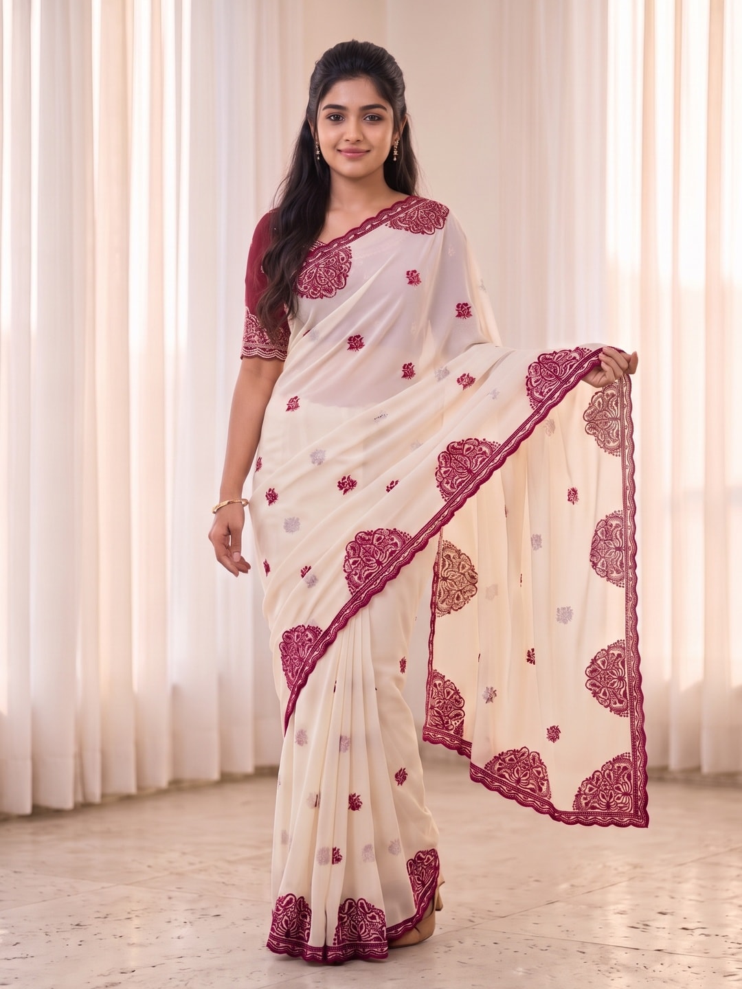Peachmode Off White Star Georgette Saree With Multi Thread Work, Medallion Border And Scalloped Cut Border - Image 1