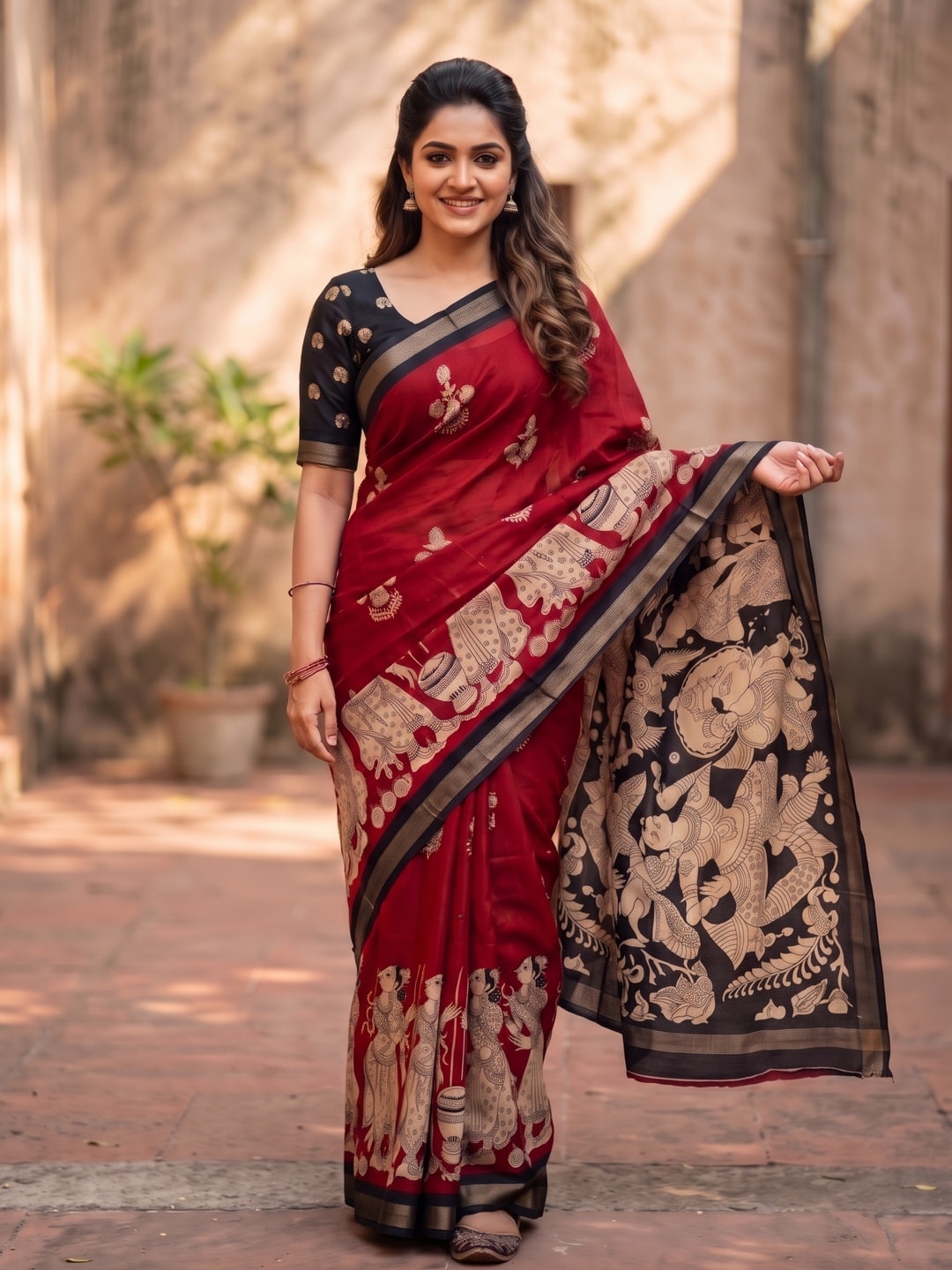 Peachmode Red Soft Mul Cotton Saree With Kalamkari Pallu And Golden Zari Weaving Border - Image 1