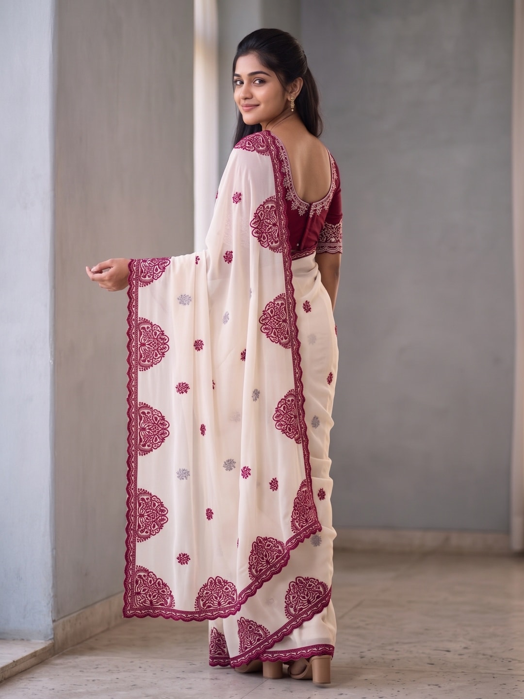 Peachmode Off White Star Georgette Saree With Multi Thread Work, Medallion Border And Scalloped Cut Border - Image 2