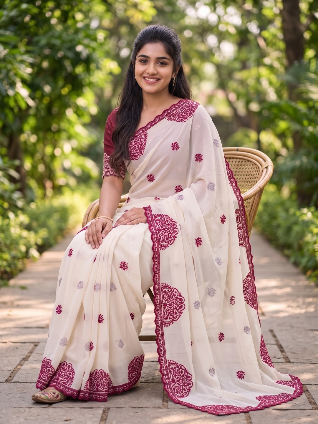 Peachmode Off White Star Georgette Saree With Multi Thread Work, Medallion Border And Scalloped Cut Border - Image 4