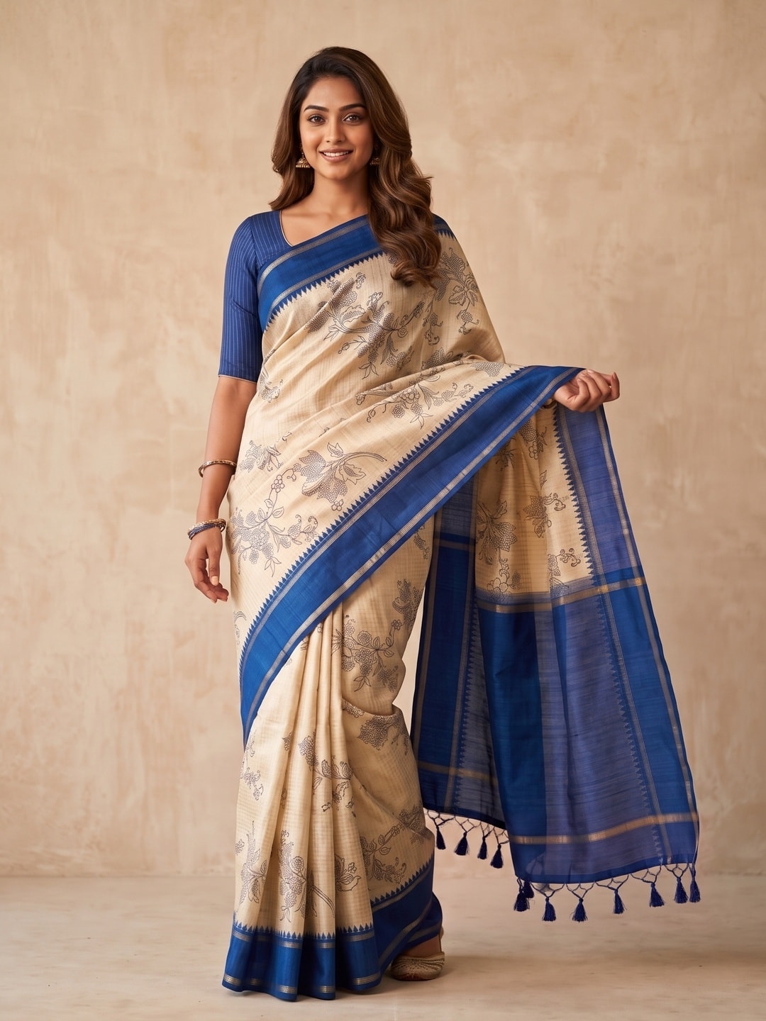 Peachmode Royal Blue Floral Vine Print Tussar Saree With Contrast Bentex Border And Tassels - Image 1