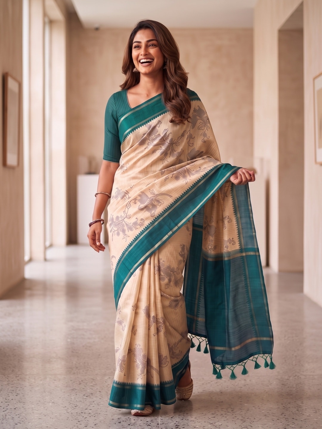 Peachmode Teal Floral Vine Print Tussar Saree With Contrast Bentex Border And Tassels - Image 4