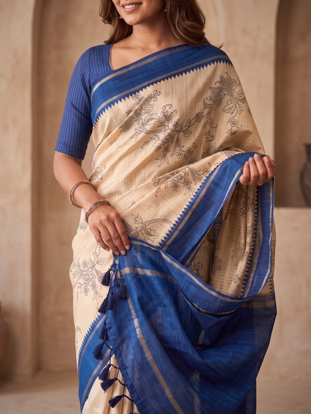 Peachmode Royal Blue Floral Vine Print Tussar Saree With Contrast Bentex Border And Tassels - Image 5