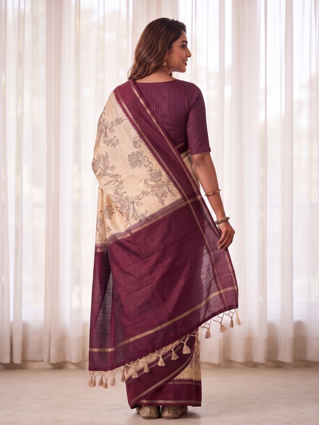 Peachmode Wine Floral Vine Print Tussar Saree With Contrast Bentex Border And Tassels - Image 2