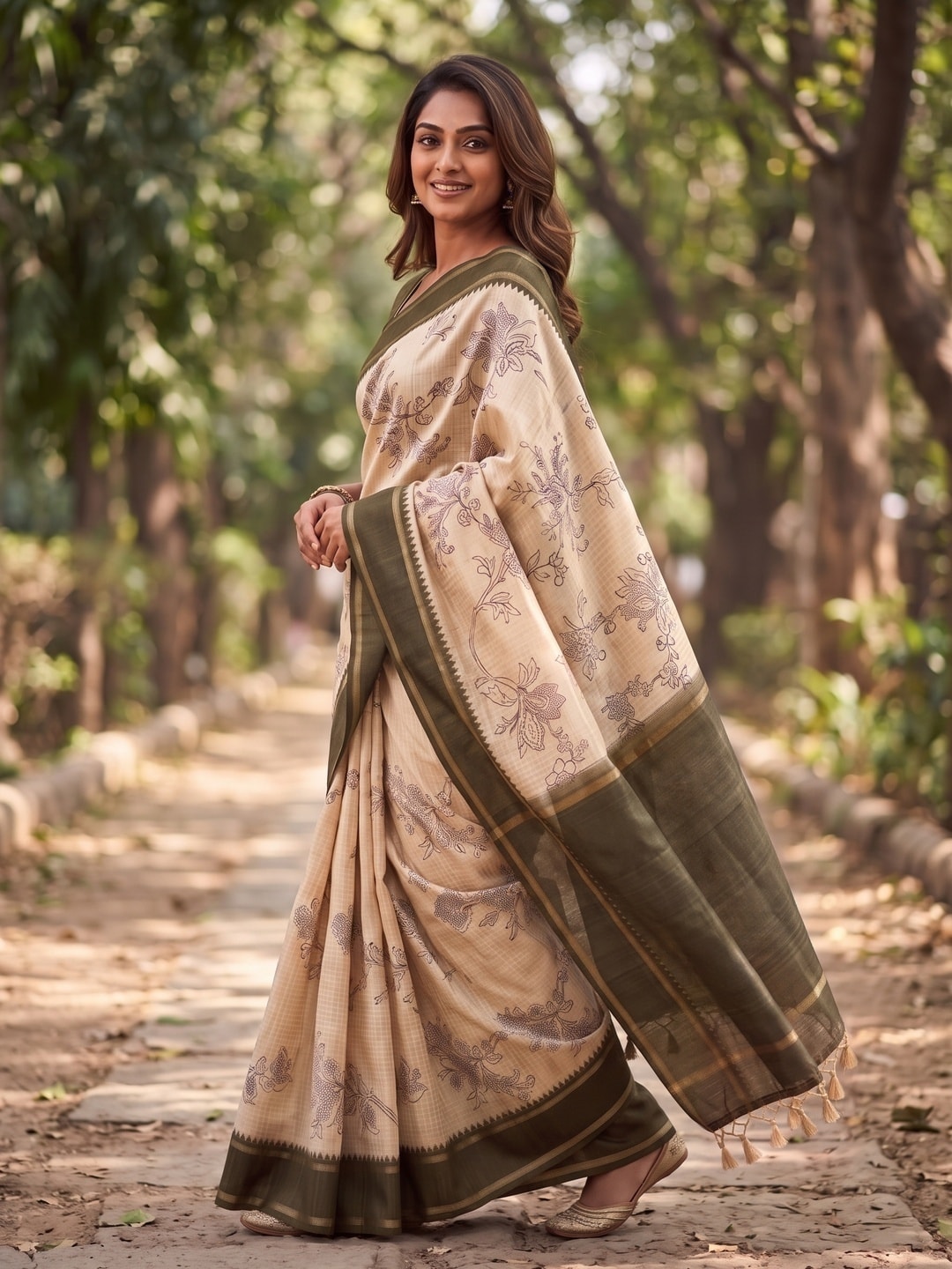 Peachmode Brown Floral Vine Print Tussar Saree With Contrast Bentex Border And Tassels - Image 3