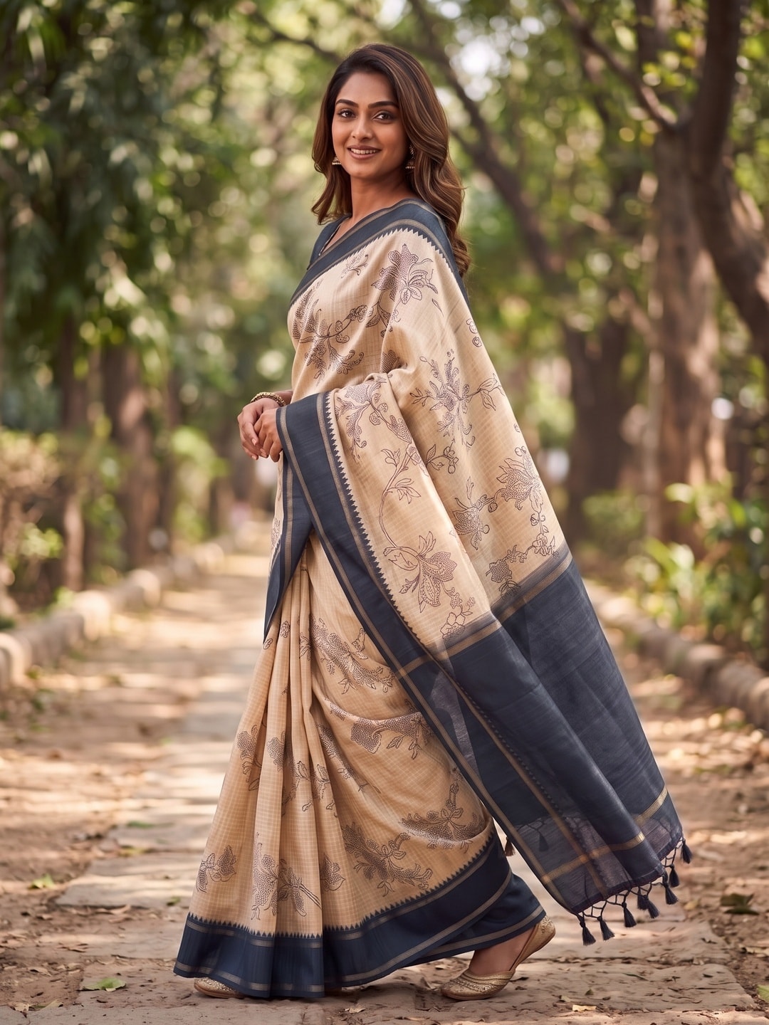 Peachmode Navy Blue Floral Vine Print Tussar Saree With Contrast Bentex Border And Tassels - Image 3