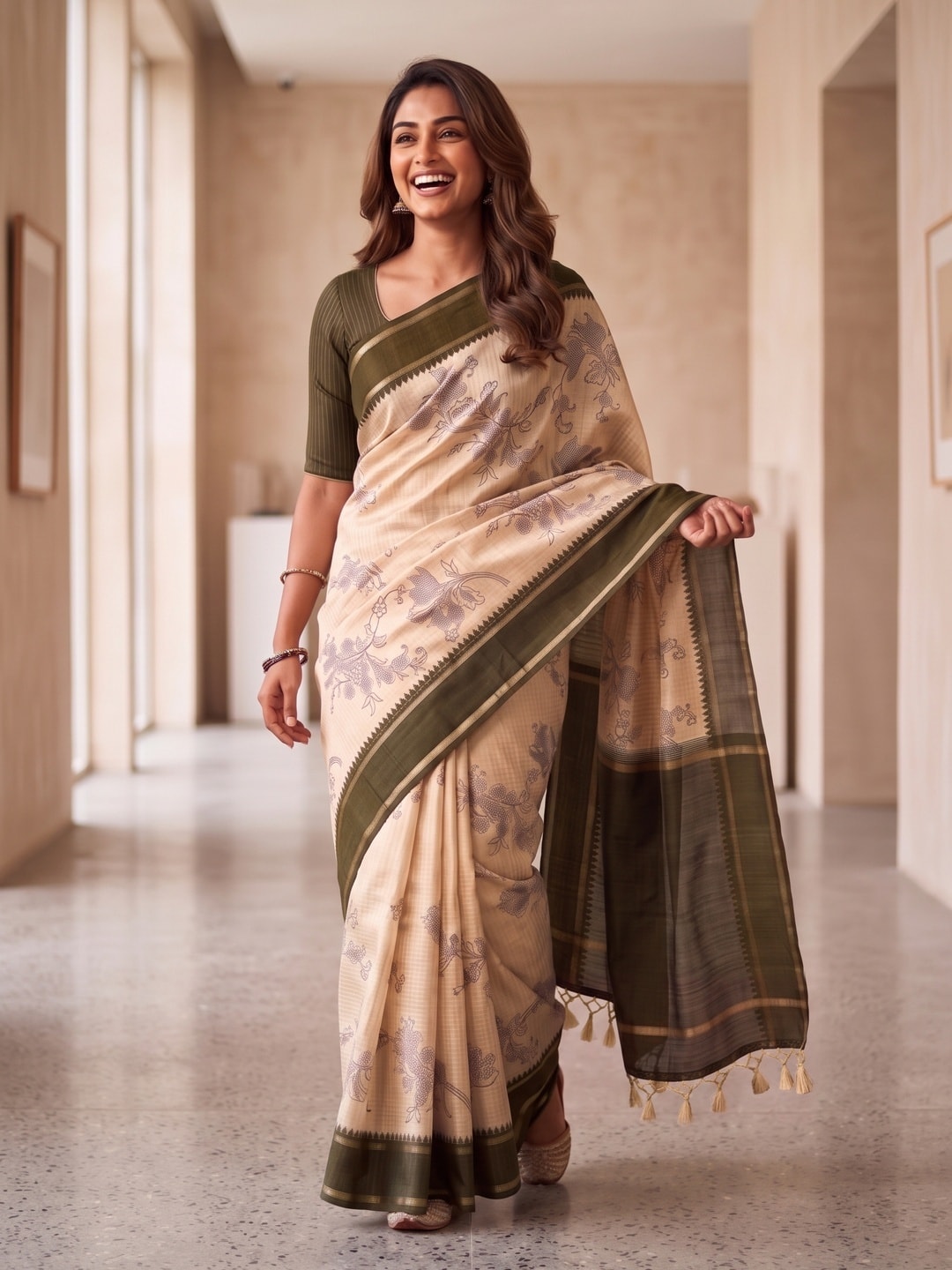 Peachmode Brown Floral Vine Print Tussar Saree With Contrast Bentex Border And Tassels - Image 4