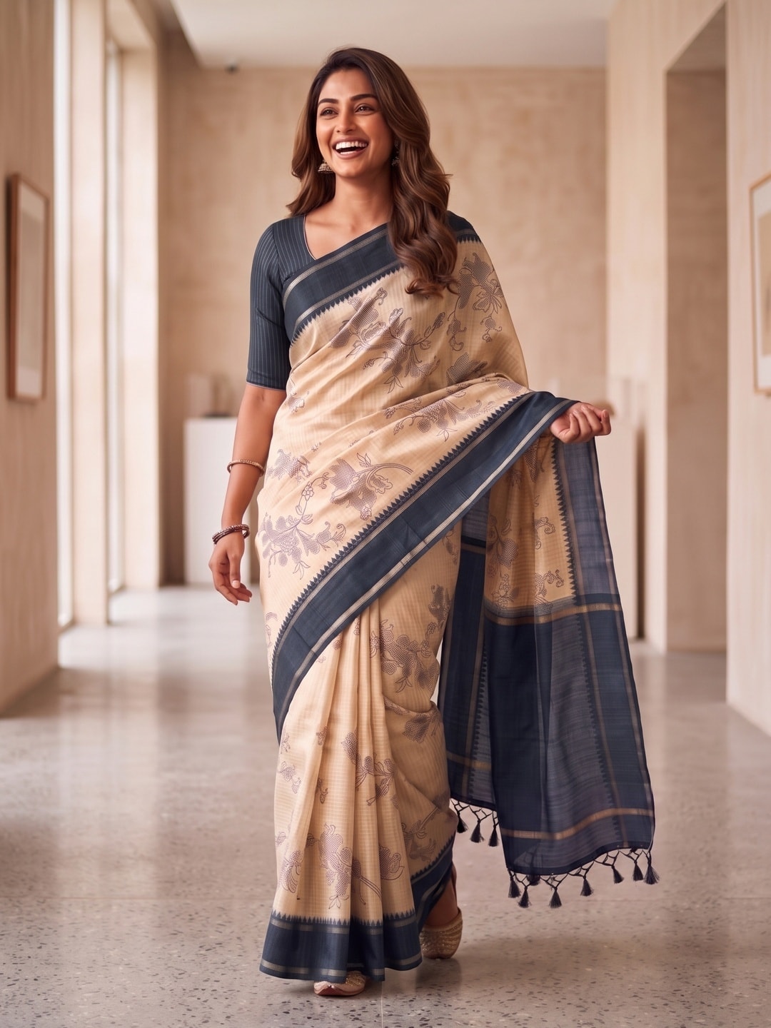Peachmode Navy Blue Floral Vine Print Tussar Saree With Contrast Bentex Border And Tassels - Image 4