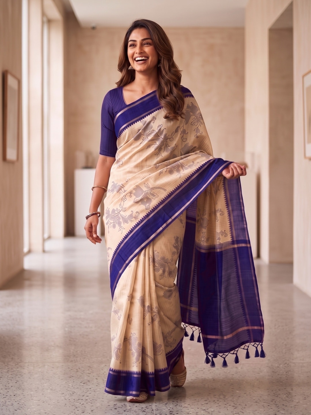 Peachmode Purple Floral Vine Print Tussar Saree With Contrast Bentex Border And Tassels - Image 4