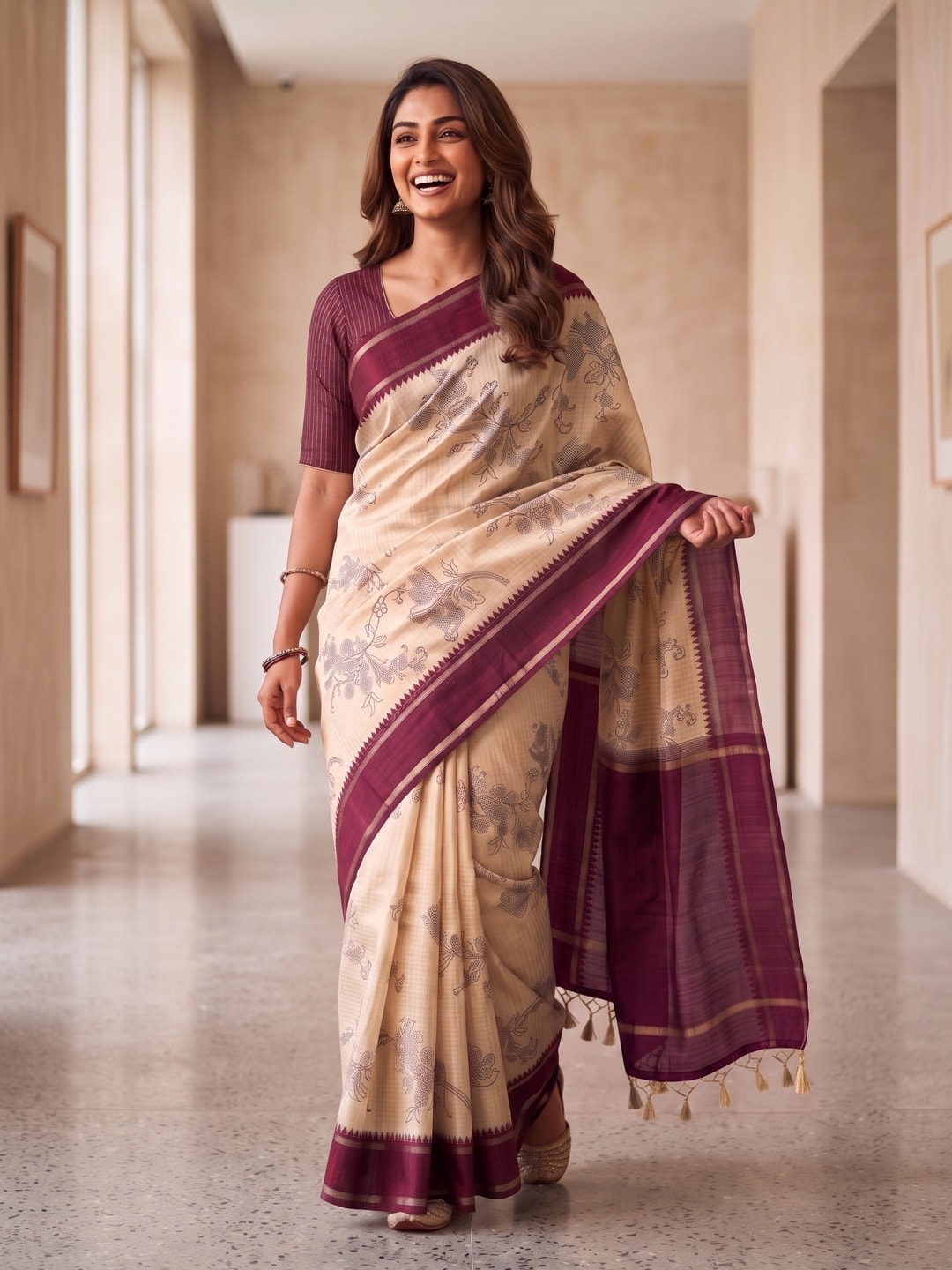 Peachmode Wine Floral Vine Print Tussar Saree With Contrast Bentex Border And Tassels - Image 4