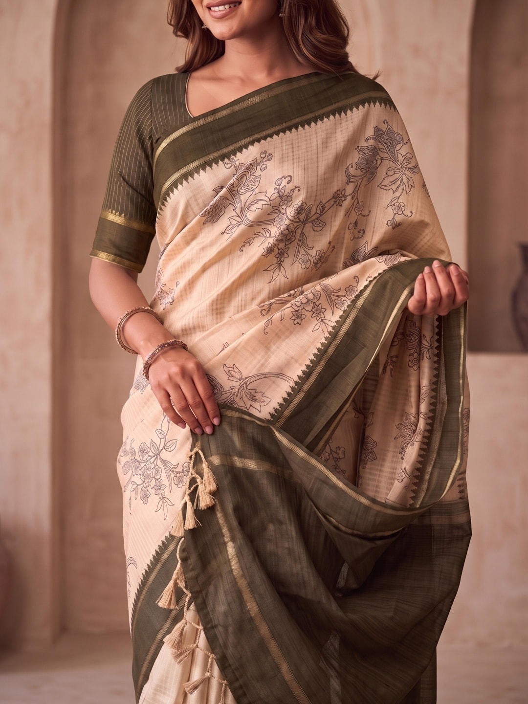 Peachmode Brown Floral Vine Print Tussar Saree With Contrast Bentex Border And Tassels - Image 5