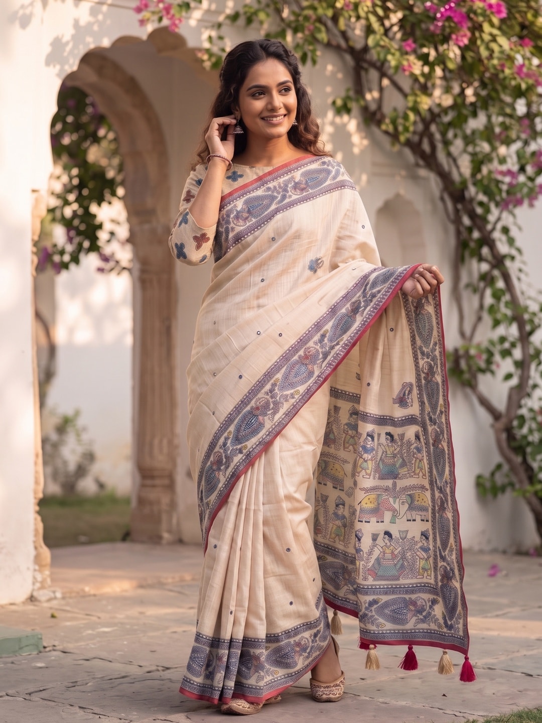 Peachmode Cream Madhubani Printed Linen Saree With Mirror Work - Image 1