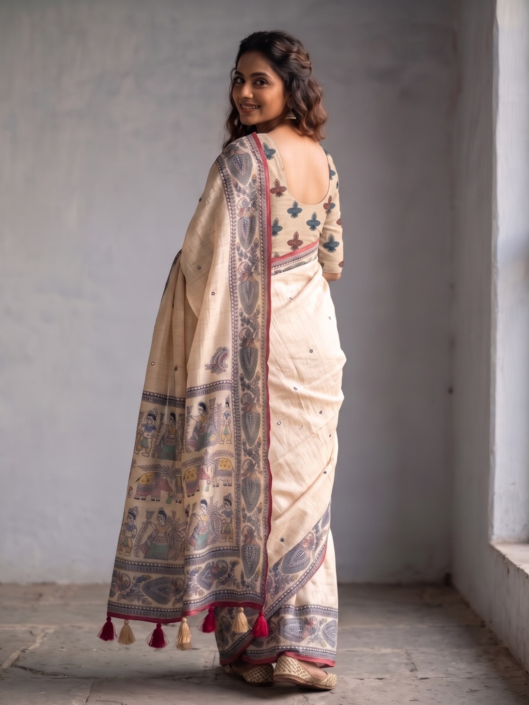 Peachmode Cream Madhubani Printed Linen Saree With Mirror Work - Image 2