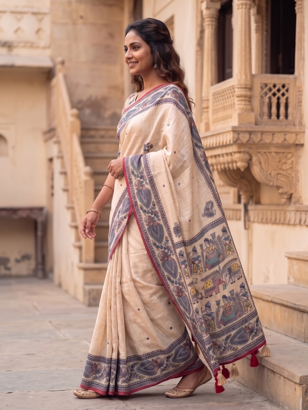 Peachmode Cream Madhubani Printed Linen Saree With Mirror Work - Image 3