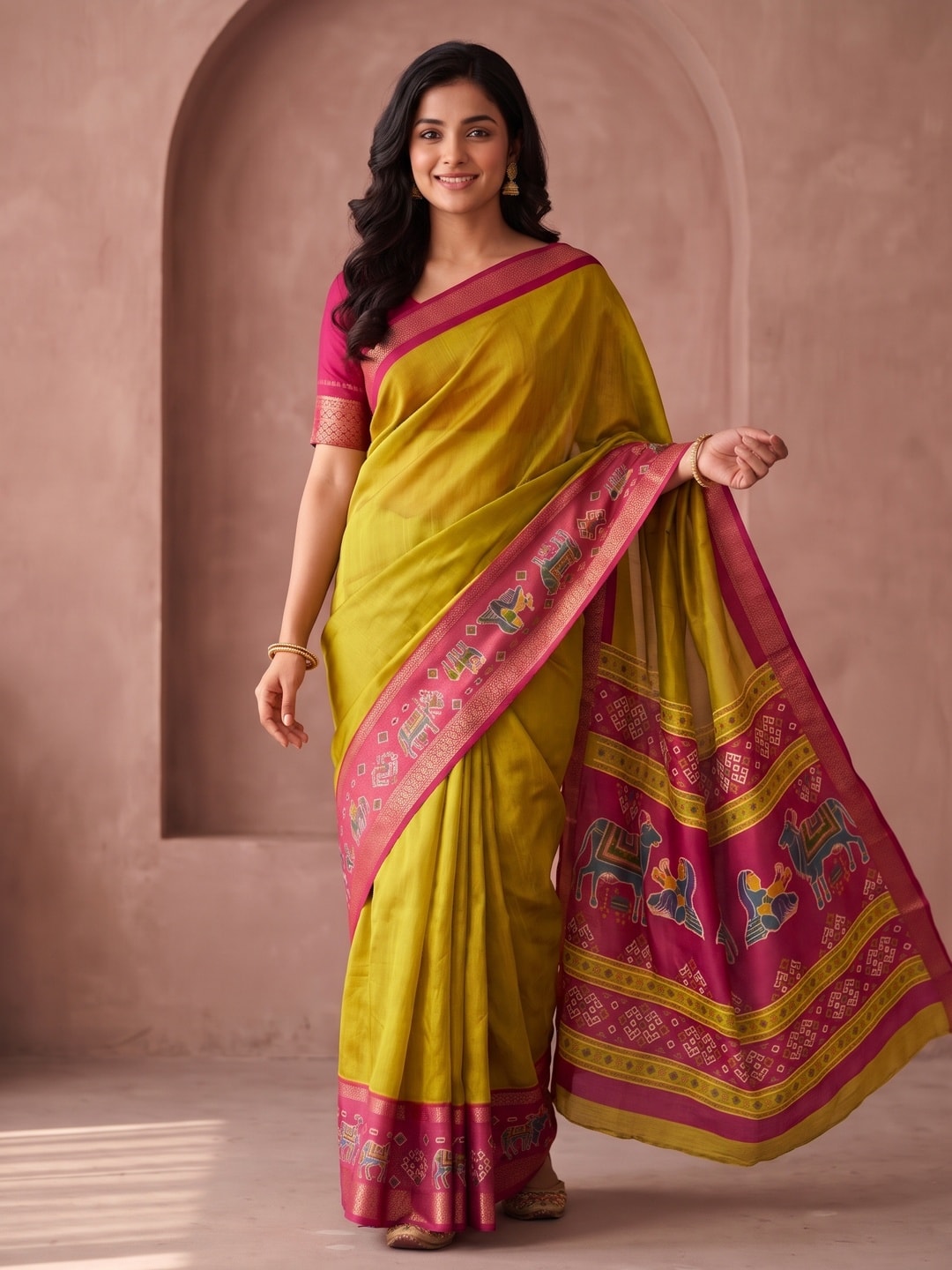 Peachmode Lime Pure Monroe Silk Saree With Bentex Jacquard And Digital Print Pallu - Image 1
