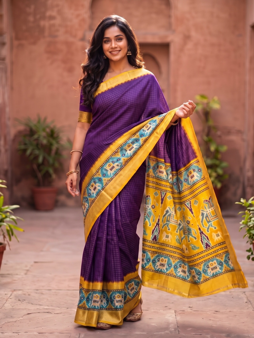 Peachmode Purple Pure Dola Silk Saree With Bentex Chex Jacquard And Digital Print Elephant Pallu - Image 1