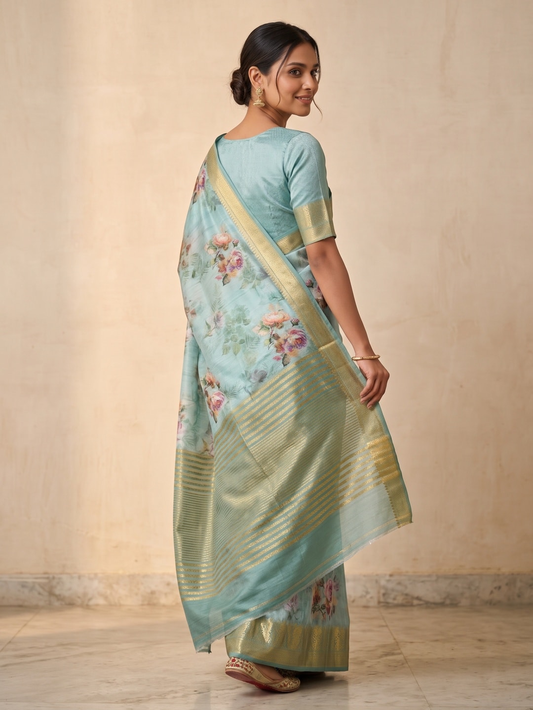 Peachmode Sky Blue Pure Katan Silk Saree With Jacquard Weaving Pallu And Digital Floral Print - Image 2