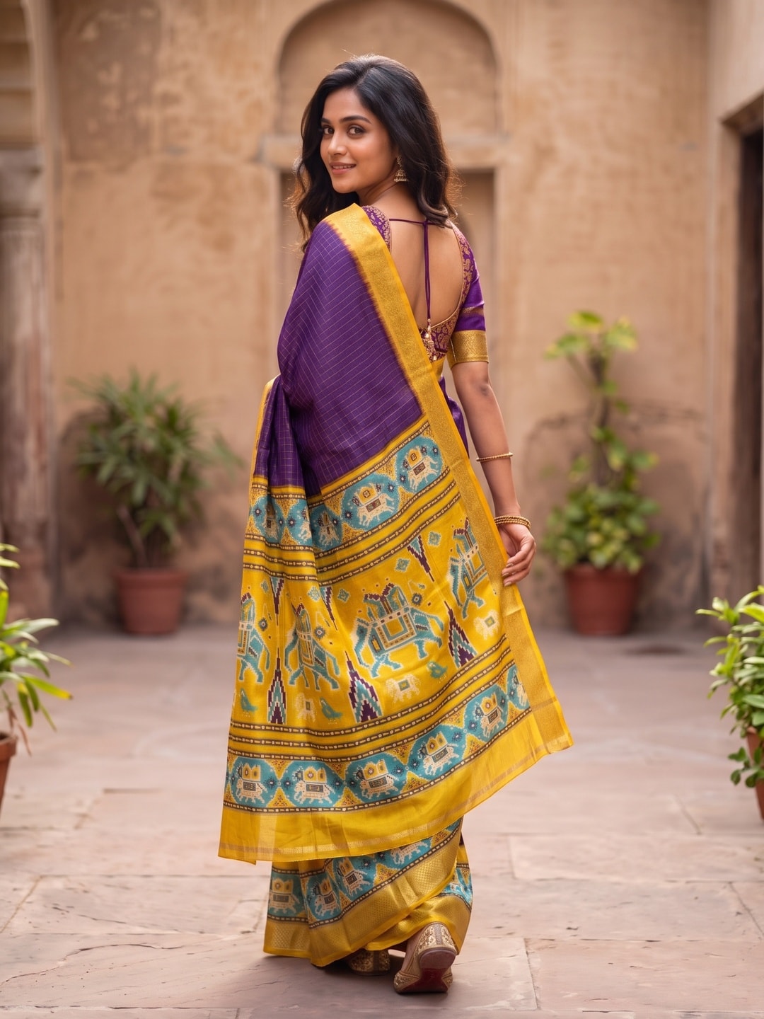 Peachmode Purple Pure Dola Silk Saree With Bentex Chex Jacquard And Digital Print Elephant Pallu - Image 2