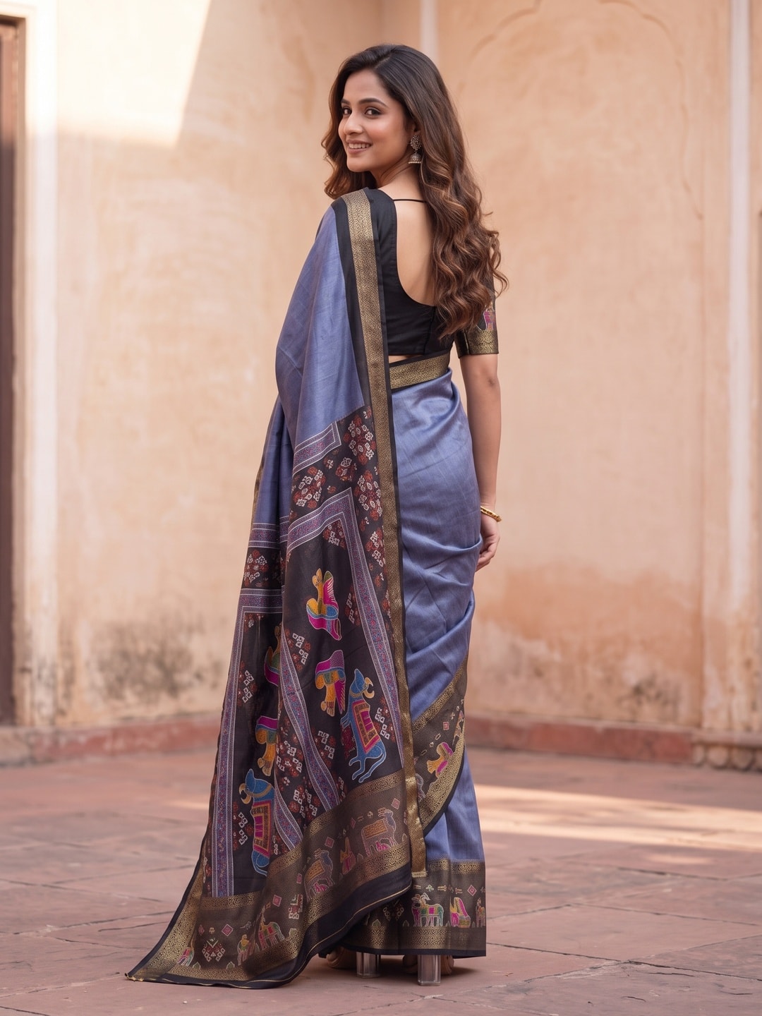 Peachmode Grey Pure Monroe Silk Saree With Bentex Jacquard And Digital Print Pallu - Image 2