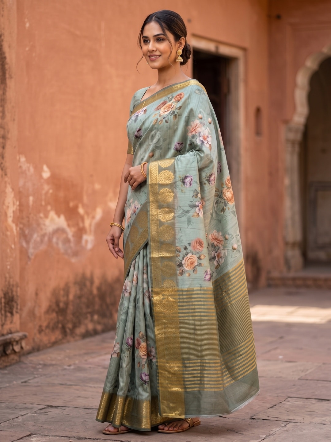 Peachmode Sea Green Pure Katan Silk Saree With Jacquard Weaving Pallu And Digital Floral Print - Image 3